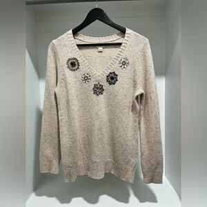 Vintage Jewel Embellished J. Crew Oatmeal Wool Blend V-neck sweater size Small